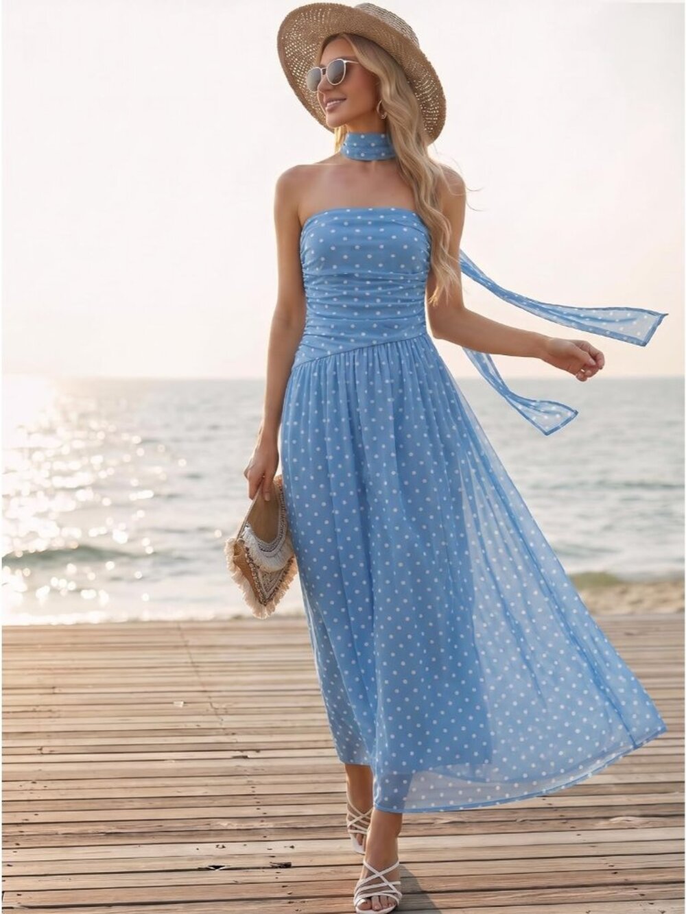 Women's Blue-Polka-Dot Strapless Ruched Elastic Waist Flowy Aline Fit Maxi Dress - Picture 2 of 6